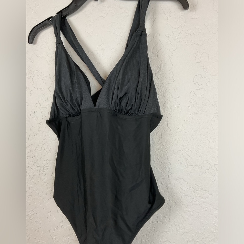 Women’s Black V Neck Criss Cross Backless Rib One Piece Swimsuit Plunge Size XL - Picture 5 of 11